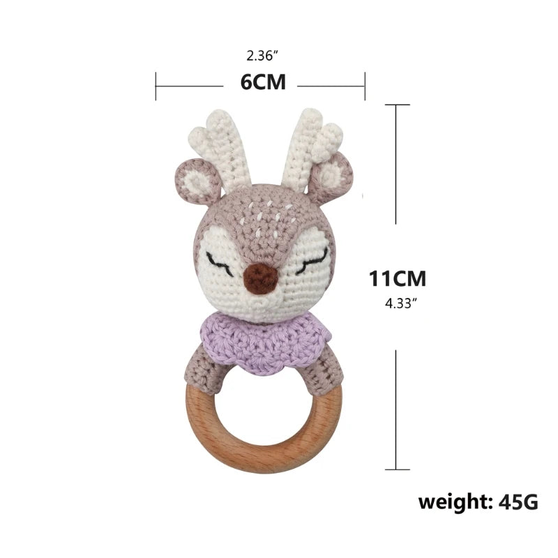Handmade Baby Wooden Teether DIY Crochet Deer ELK Rattle Newborn Rodent Teething Ring Mobile Gym Educational Toys for Kids