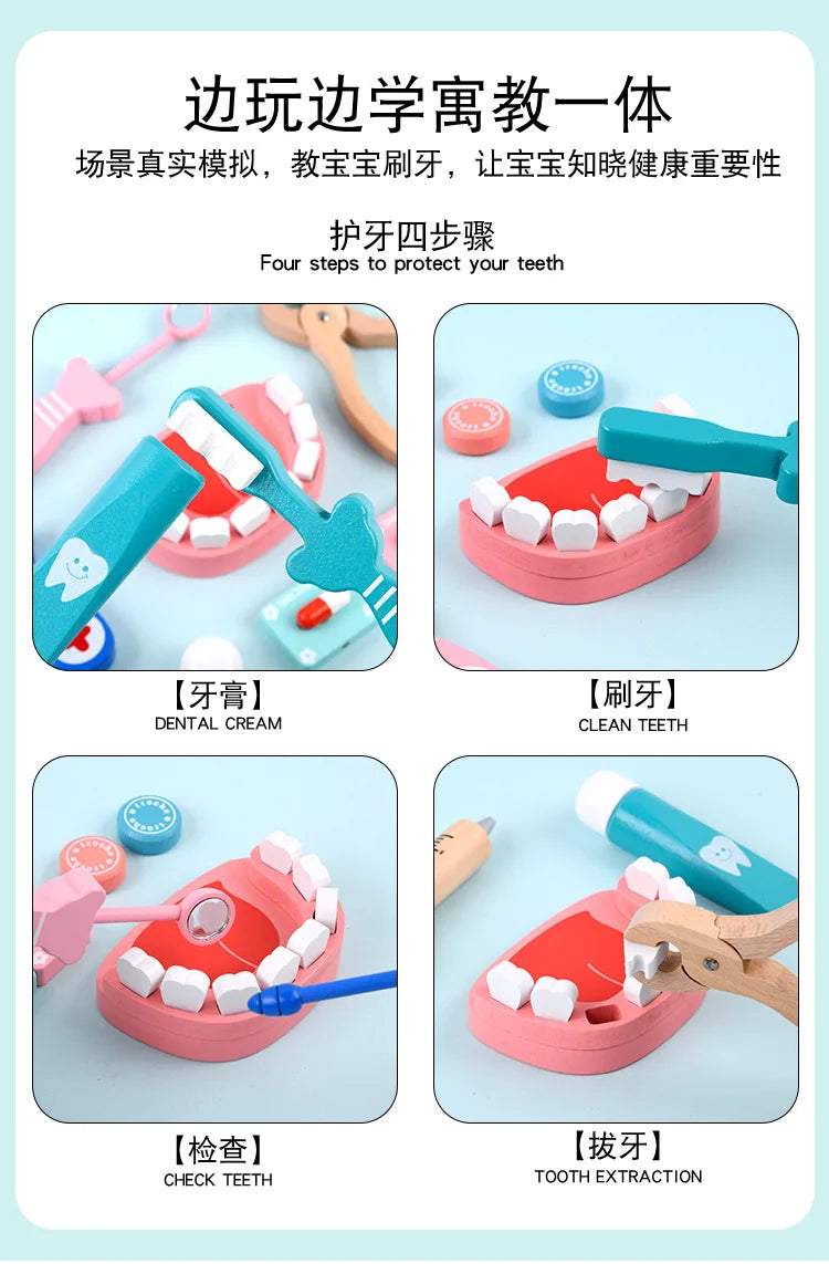 Doctor Toys for Children Set Kids Wooden Pretend Play Kit Games for Girls Boys Red Medical Dentist Medicine Box Cloth Bags Gifts