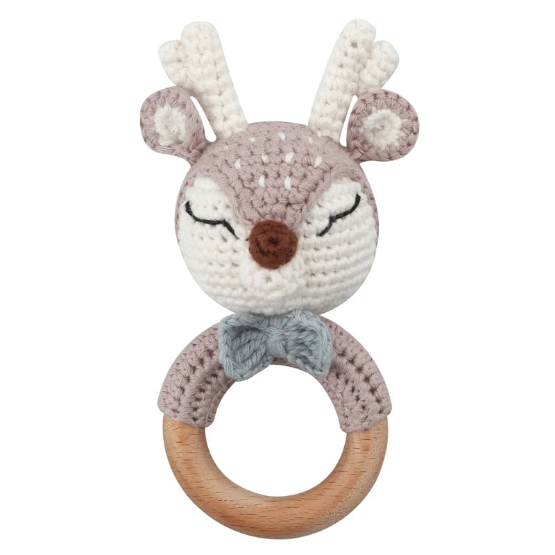 Handmade Baby Wooden Teether DIY Crochet Deer ELK Rattle Newborn Rodent Teething Ring Mobile Gym Educational Toys for Kids
