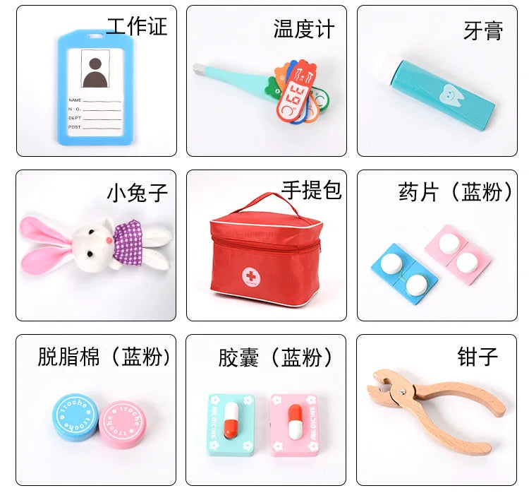 Doctor Toys for Children Set Kids Wooden Pretend Play Kit Games for Girls Boys Red Medical Dentist Medicine Box Cloth Bags Gifts