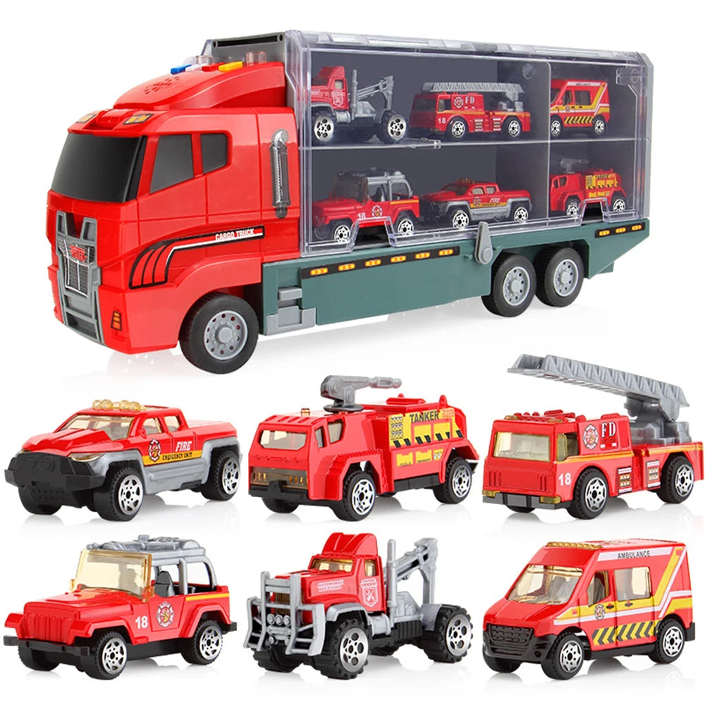 Big Construction Car with 6pcs Mini Cars Kids Toy Container Transporter Engineering Vehicle Fire Truck Racing Car Children Gifts