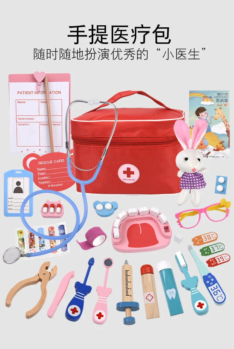 Doctor Toys for Children Set Kids Wooden Pretend Play Kit Games for Girls Boys Red Medical Dentist Medicine Box Cloth Bags Gifts