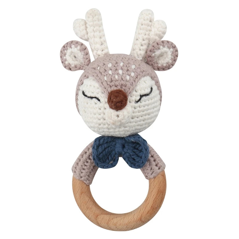 Handmade Baby Wooden Teether DIY Crochet Deer ELK Rattle Newborn Rodent Teething Ring Mobile Gym Educational Toys for Kids