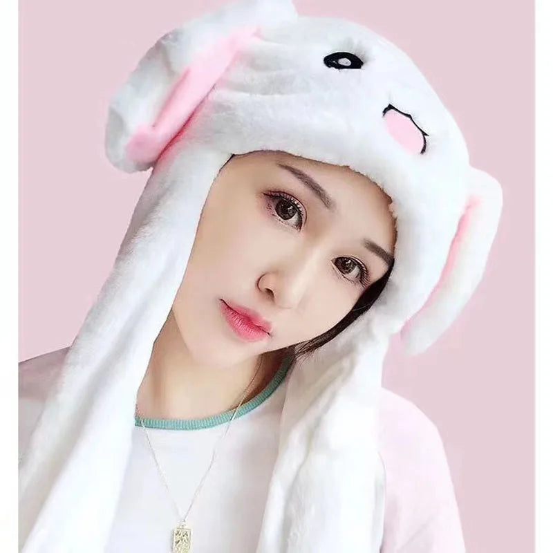 Cartoon Bunny Ear Move Hat Jumping up Toys Rabbit Girls Animal Plush Costume Cosplay Cap Kids Party for Adult Funny Anime Hat