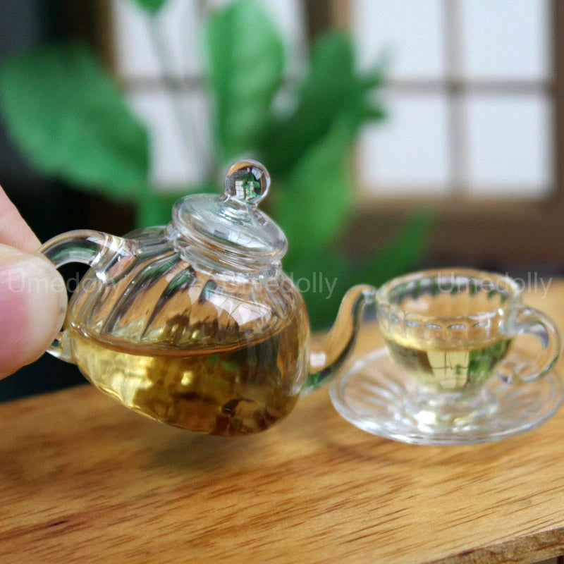 1:6 Dollhouse Miniature Glass Teapot Mini Cup with Saucer Pretend Play Food Kitchenware for BJD Bltyh Doll House Kitchen Toy