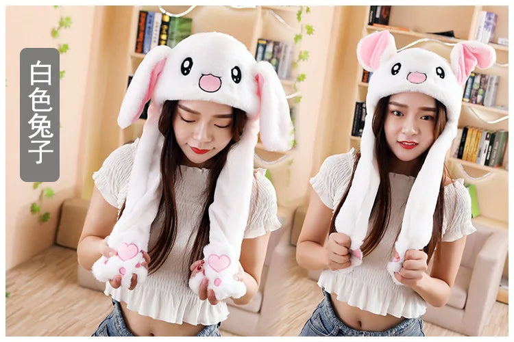 Cartoon Bunny Ear Move Hat Jumping up Toys Rabbit Girls Animal Plush Costume Cosplay Cap Kids Party for Adult Funny Anime Hat