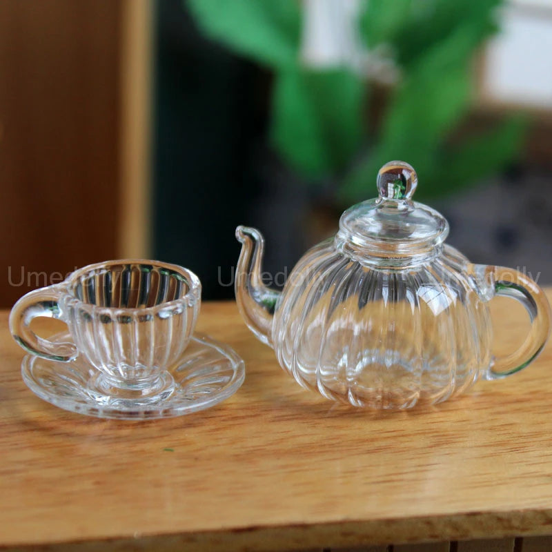 1:6 Dollhouse Miniature Glass Teapot Mini Cup with Saucer Pretend Play Food Kitchenware for BJD Bltyh Doll House Kitchen Toy
