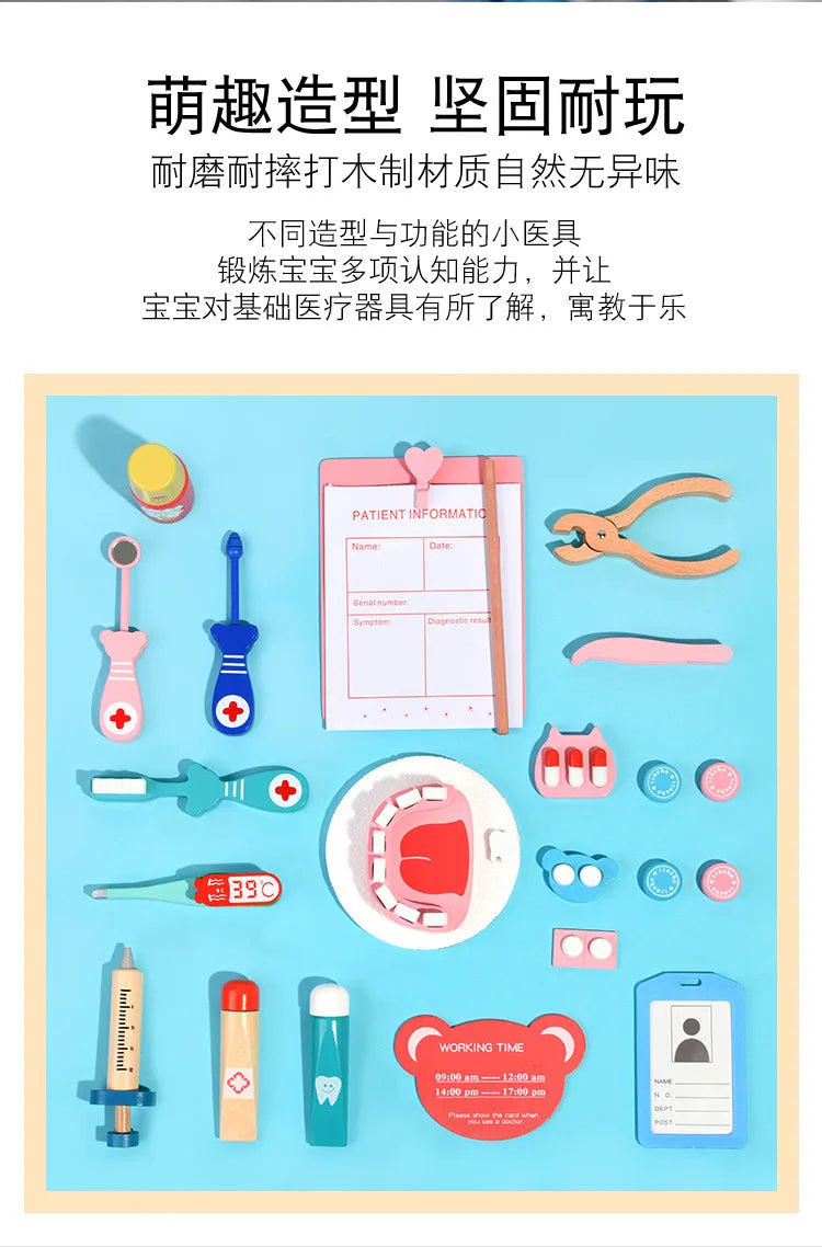 Doctor Toys for Children Set Kids Wooden Pretend Play Kit Games for Girls Boys Red Medical Dentist Medicine Box Cloth Bags Gifts