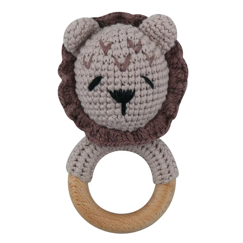 Handmade Baby Wooden Teether DIY Crochet Deer ELK Rattle Newborn Rodent Teething Ring Mobile Gym Educational Toys for Kids