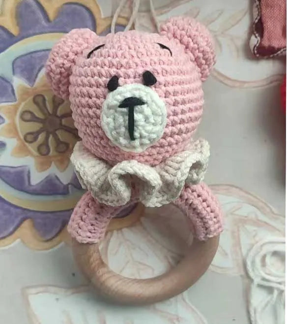 Handmade Baby Wooden Teether DIY Crochet Deer ELK Rattle Newborn Rodent Teething Ring Mobile Gym Educational Toys for Kids