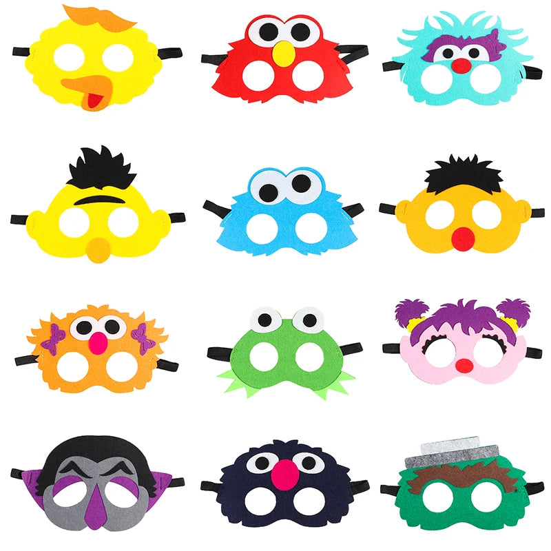 12Pcs Sesame Elmo Cookie Monster Felt Mask Set Dress Up Costumes Pretend Play Photo Booth Props Birthday Party Supplies for Kids