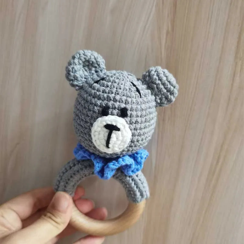 Handmade Baby Wooden Teether DIY Crochet Deer ELK Rattle Newborn Rodent Teething Ring Mobile Gym Educational Toys for Kids