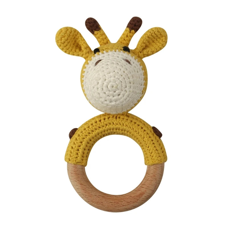 Handmade Baby Wooden Teether DIY Crochet Deer ELK Rattle Newborn Rodent Teething Ring Mobile Gym Educational Toys for Kids