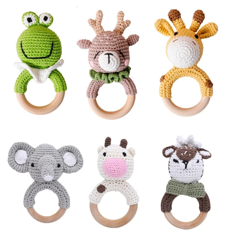 Baby Crochet Animal Rattle Wooden Toys for Children BPA Free Wood Rattle Baby Teether Stroller Game Educational Toy Newborn Gift
