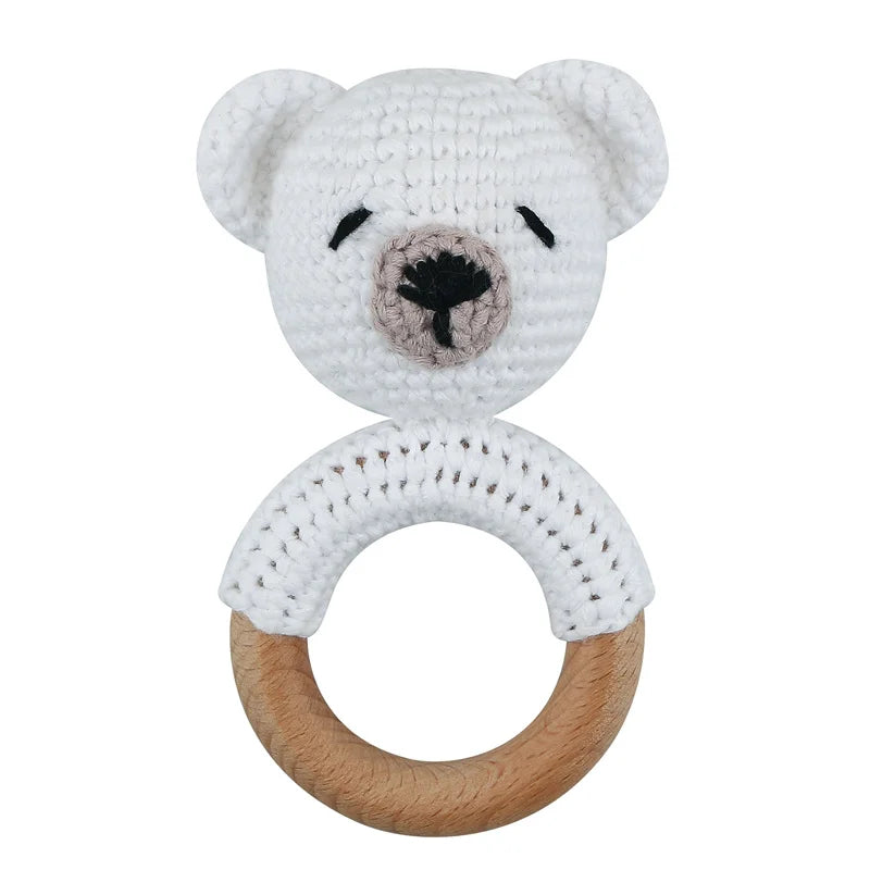 Handmade Baby Wooden Teether DIY Crochet Deer ELK Rattle Newborn Rodent Teething Ring Mobile Gym Educational Toys for Kids