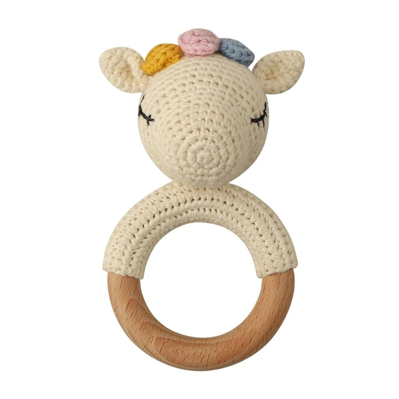 Handmade Baby Wooden Teether DIY Crochet Deer ELK Rattle Newborn Rodent Teething Ring Mobile Gym Educational Toys for Kids