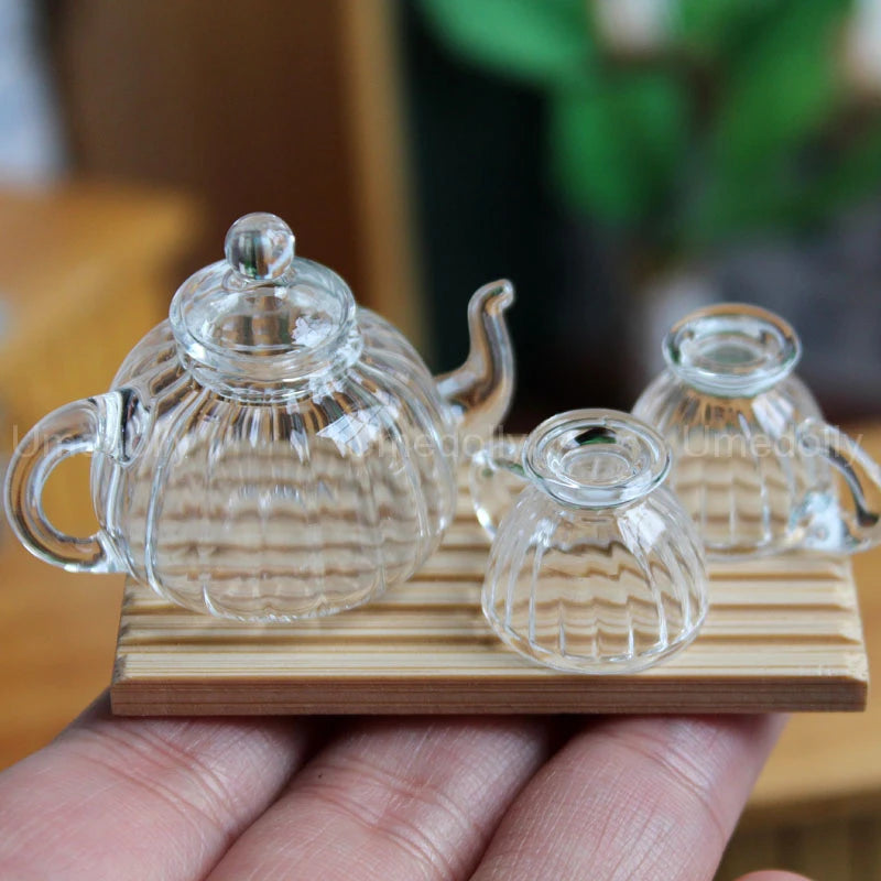 1:6 Dollhouse Miniature Glass Teapot Mini Cup with Saucer Pretend Play Food Kitchenware for BJD Bltyh Doll House Kitchen Toy