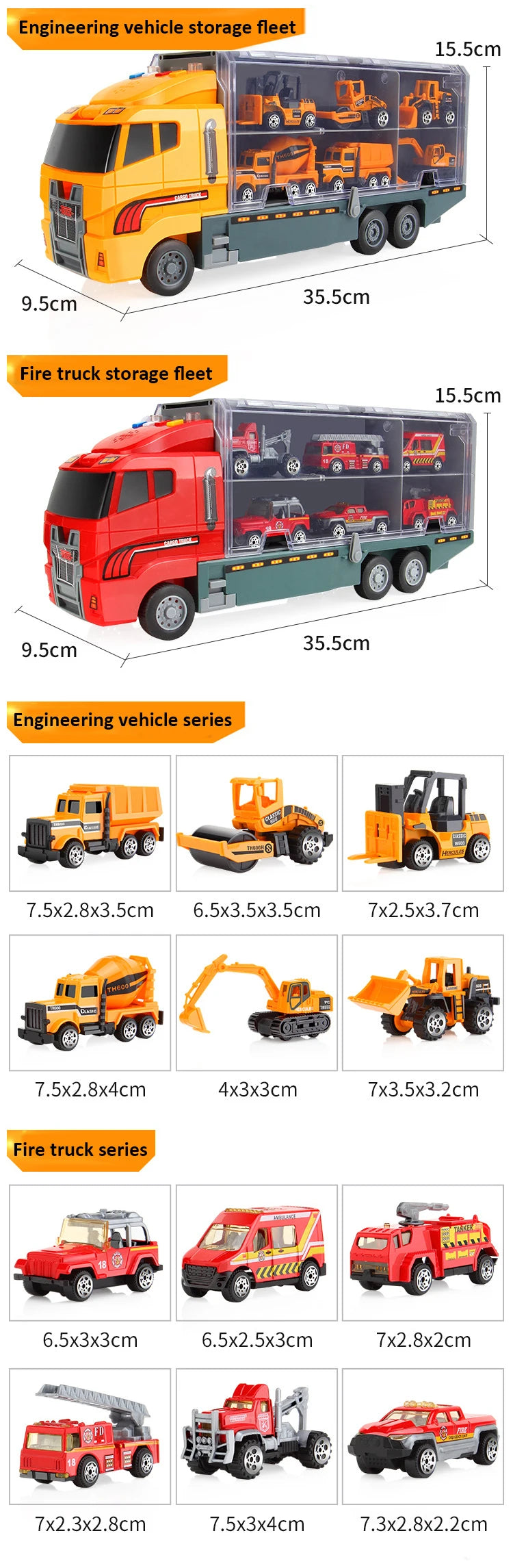 Big Construction Car with 6pcs Mini Cars Kids Toy Container Transporter Engineering Vehicle Fire Truck Racing Car Children Gifts