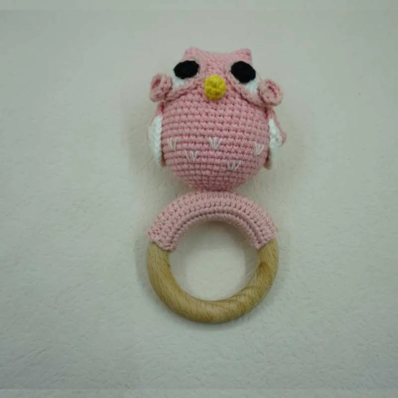 Handmade Baby Wooden Teether DIY Crochet Deer ELK Rattle Newborn Rodent Teething Ring Mobile Gym Educational Toys for Kids