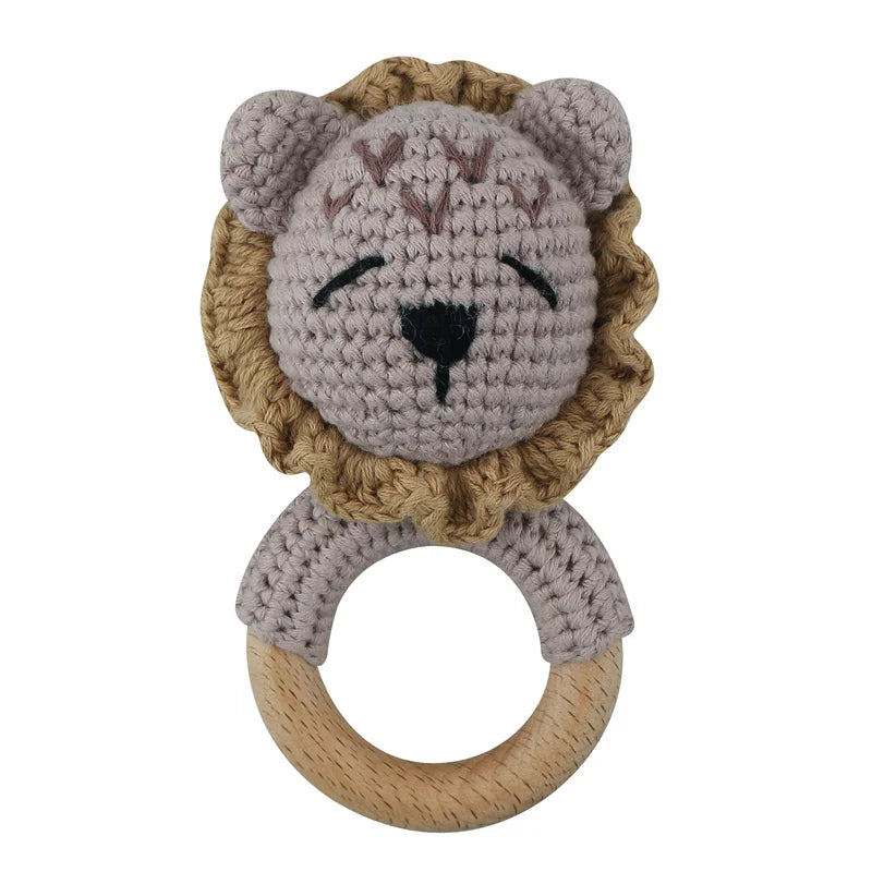 Handmade Baby Wooden Teether DIY Crochet Deer ELK Rattle Newborn Rodent Teething Ring Mobile Gym Educational Toys for Kids