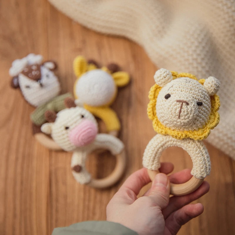 Baby Crochet Animal Rattle Wooden Toys for Children BPA Free Wood Rattle Baby Teether Stroller Game Educational Toy Newborn Gift