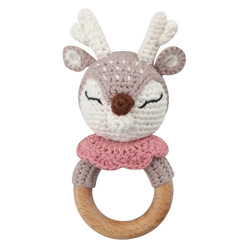 Handmade Baby Wooden Teether DIY Crochet Deer ELK Rattle Newborn Rodent Teething Ring Mobile Gym Educational Toys for Kids