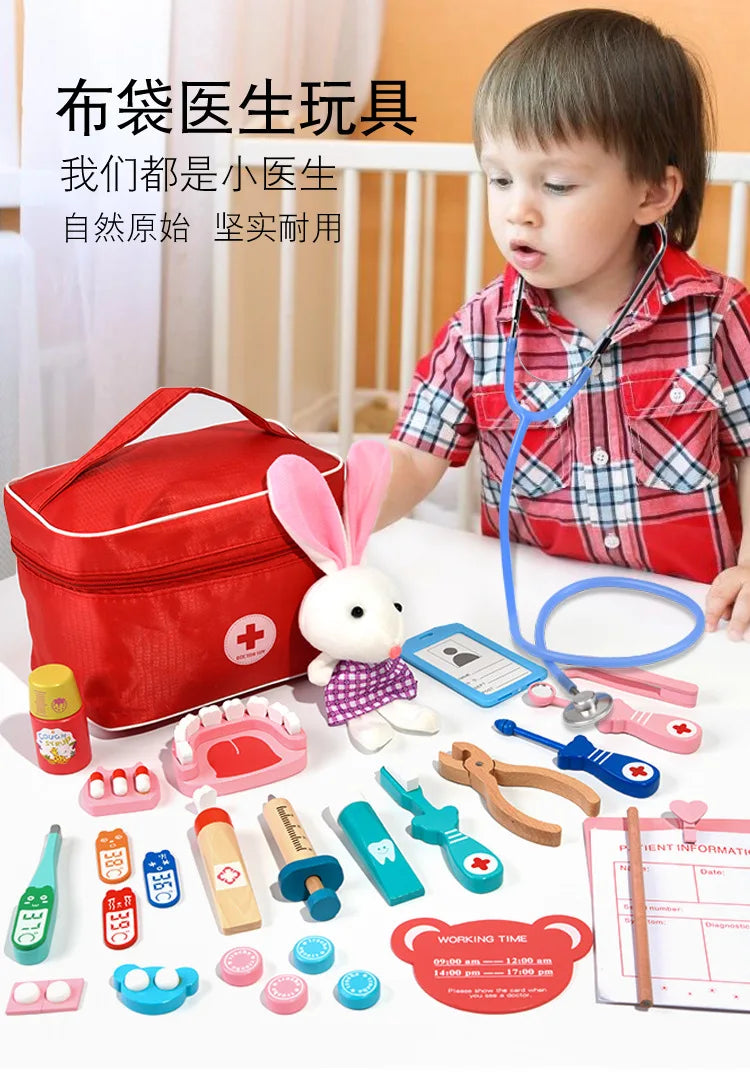 Doctor Toys for Children Set Kids Wooden Pretend Play Kit Games for Girls Boys Red Medical Dentist Medicine Box Cloth Bags Gifts