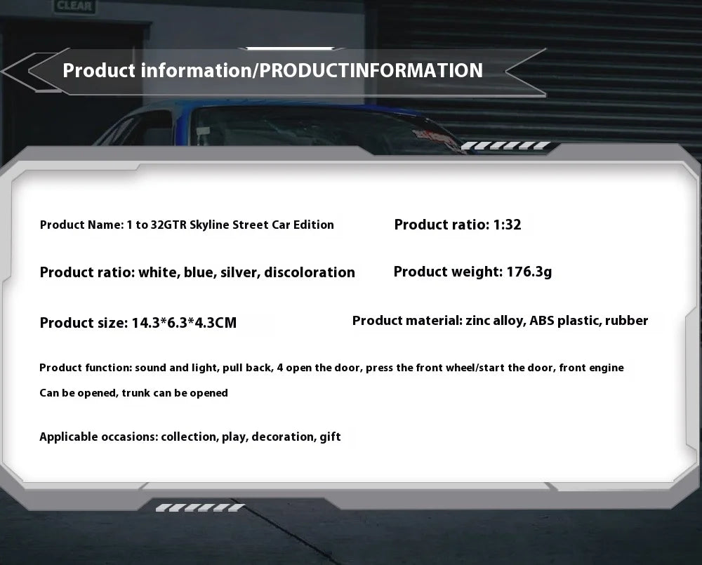 1:32 Nissan GTR R34 Skyline Supercar Alloy Metal Diecast Car Model Sound & Light Holiday Boyfriend Gift Collect Hobby Ornaments