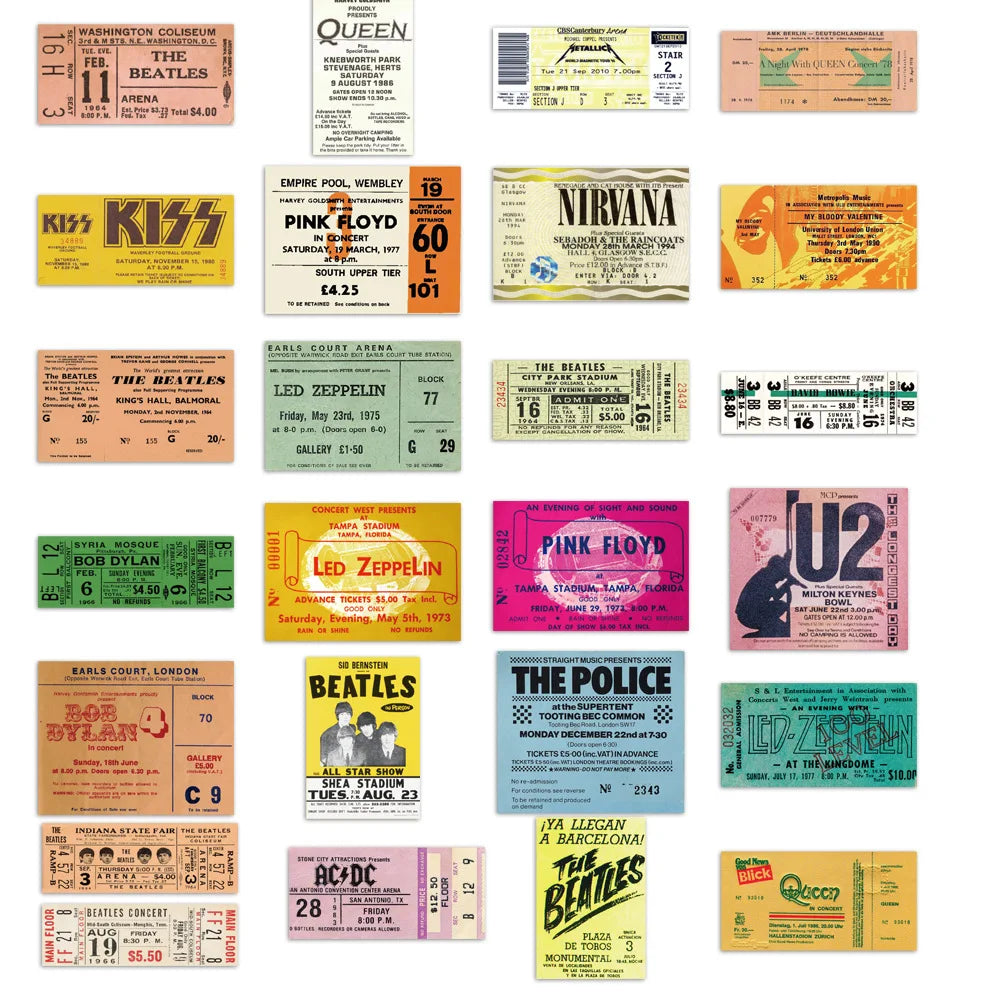 55pcs Retro Rock Band Tickets Graffiti Stickers Aesthetic Phone Bike Wall Scrapbook Motorcycle Waterproof Cartoon Sticker