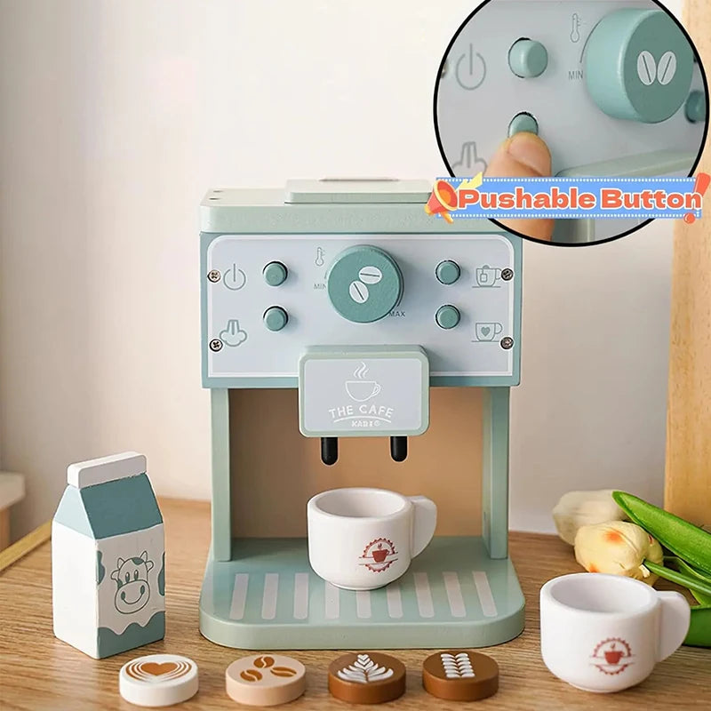 Wooden Kitchen Pretend Play Toy Kids Wooden Toys Coffee Maker Set Cake Ice Cream Tea Playset Toddler Learning Educational Toys