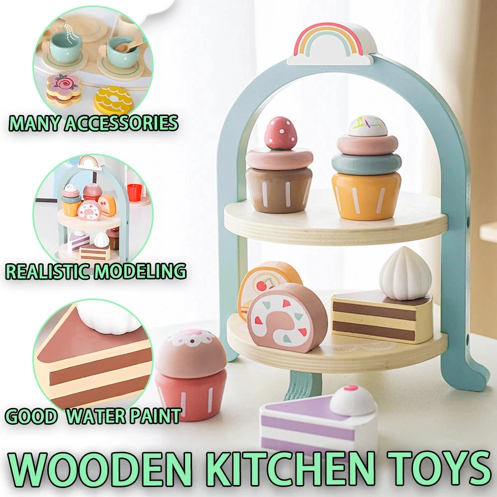 Wooden Kitchen Pretend Play Toy Kids Wooden Toys Coffee Maker Set Cake Ice Cream Tea Playset Toddler Learning Educational Toys