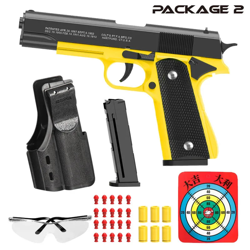New.All Black M1911 Colt Toy Gunman Gun, Soft Bullet Shell, Catapult Blaster, Manual Air Gun Launcher, Boys Shooting Game 14+y