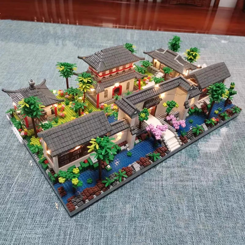 Lezi Architecture Ancient Pavilion Temple Tower Lake Garden Gate LED Light Model Mini Diamond Blocks Bricks Building Toy no Box