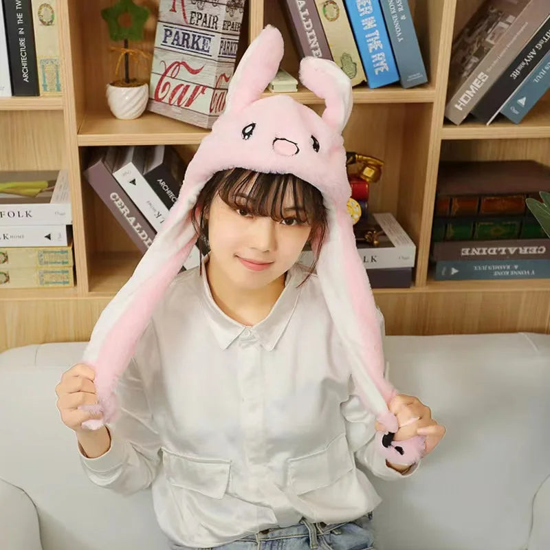 Cartoon Bunny Ear Move Hat Jumping up Toys Rabbit Girls Animal Plush Costume Cosplay Cap Kids Party for Adult Funny Anime Hat