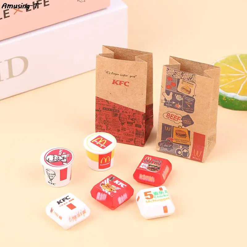 1Set Dollhouse Miniature Food Fastfood Mini KFC Family Bucket McDonald Bucket Modle Toys Pretend Play Doll House Decor