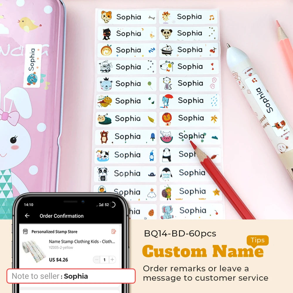 Colorful Cute Cartoon Car Ship Moon Cake Personalized Name Stamp For Kids Child Baby Waterproof Non-Fading Clothing Name sticker
