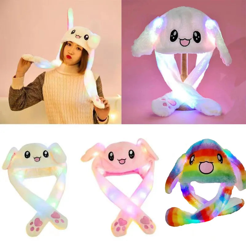 LED Light Bunny Ear Moving Hat Cute Animal Hat with Luminous Jumping up Plush Moving Ears Cap for Kids Funny Cosplay Party Hat
