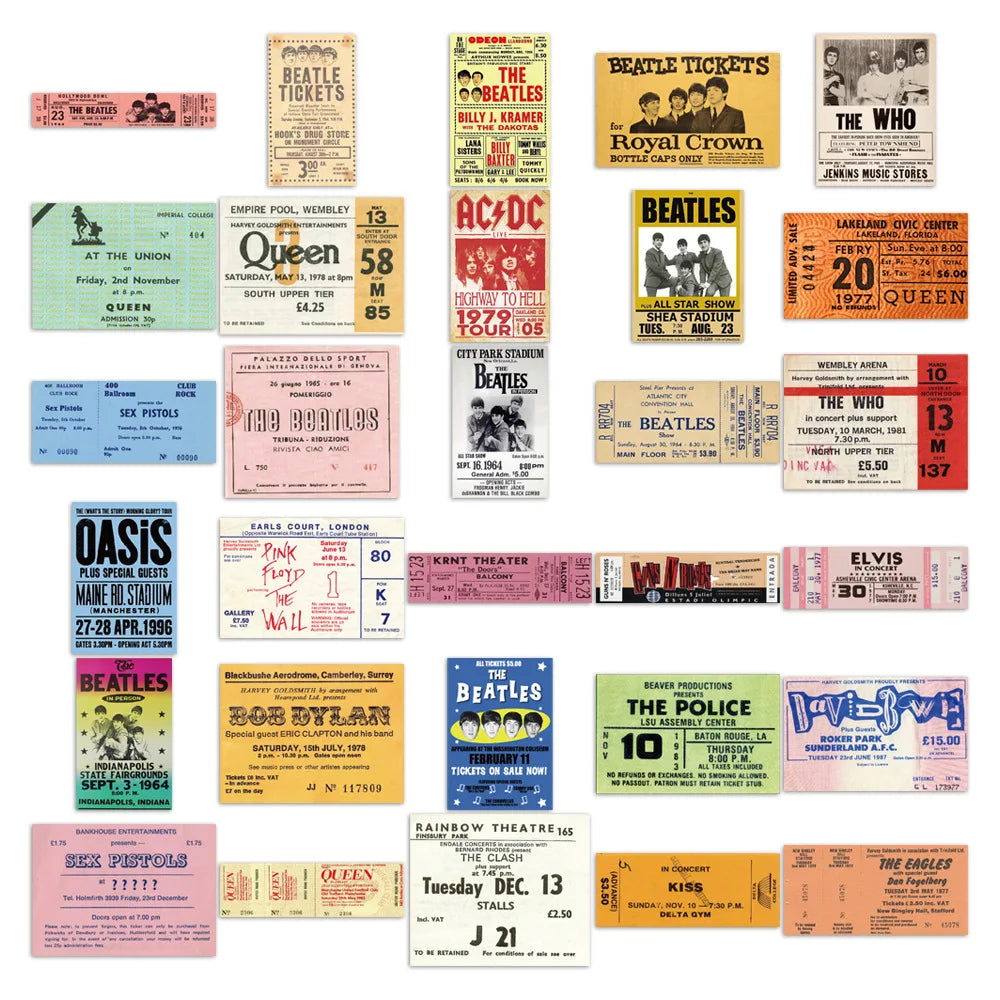 55pcs Retro Rock Band Tickets Graffiti Stickers Aesthetic Phone Bike Wall Scrapbook Motorcycle Waterproof Cartoon Sticker