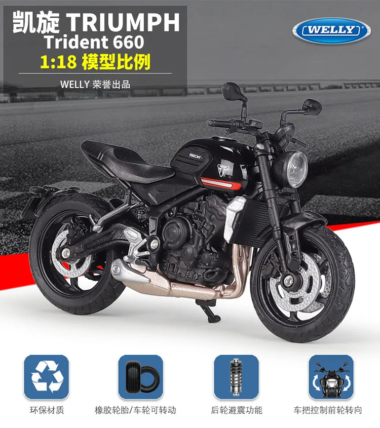 Welly 1:18 Triumph Trident 660 Alloy Diecast Retro Motorcycle Model Workable Shork-Absorber Toy For Children Gifts Toy