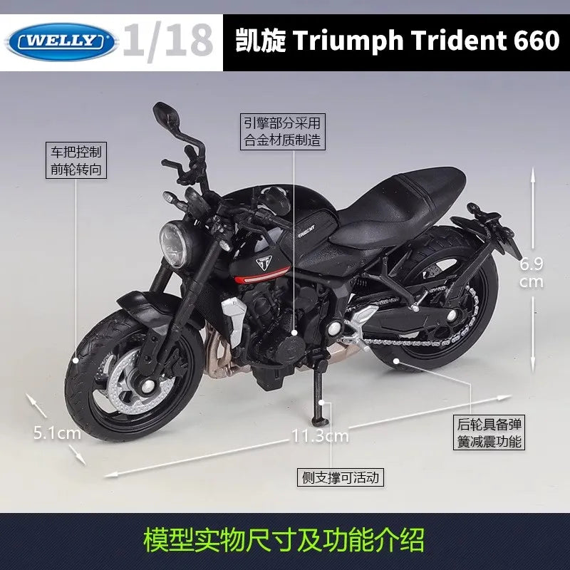 Welly 1:18 Triumph Trident 660 Alloy Diecast Retro Motorcycle Model Workable Shork-Absorber Toy For Children Gifts Toy