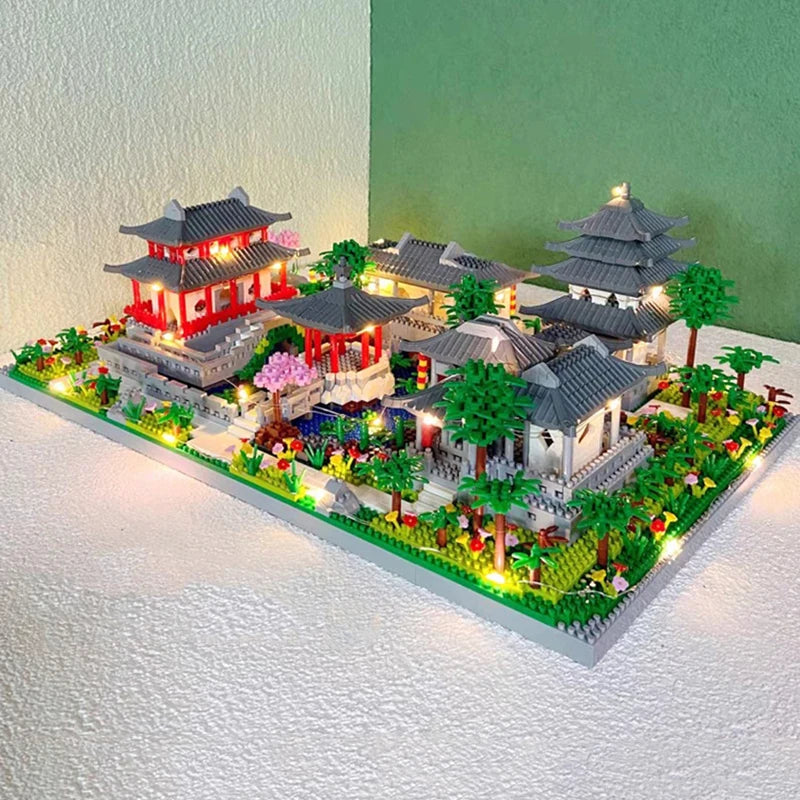 Lezi Architecture Ancient Pavilion Temple Tower Lake Garden Gate LED Light Model Mini Diamond Blocks Bricks Building Toy no Box