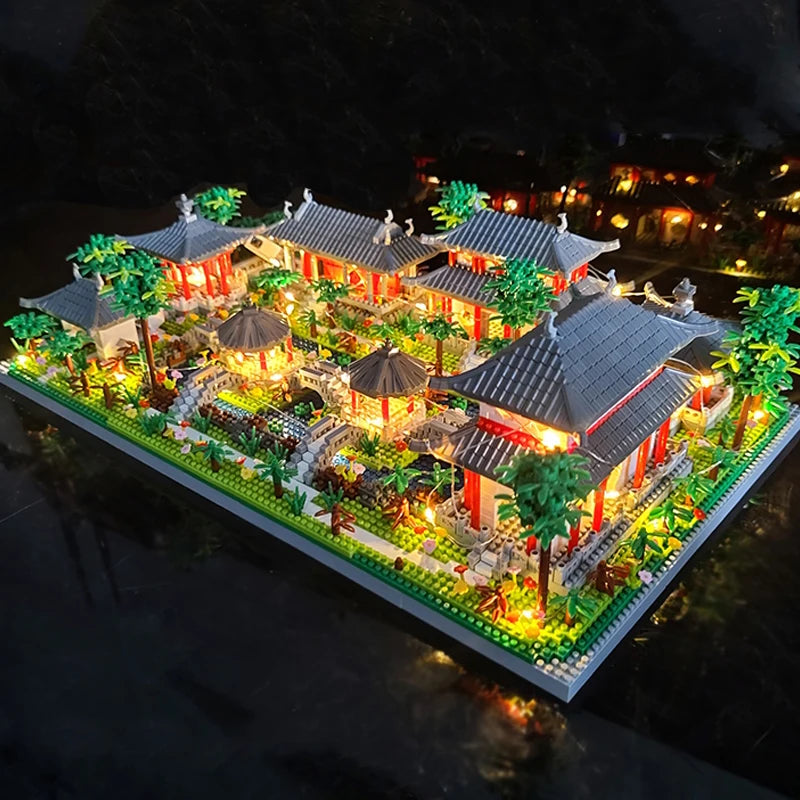 Lezi Architecture Ancient Pavilion Temple Tower Lake Garden Gate LED Light Model Mini Diamond Blocks Bricks Building Toy no Box