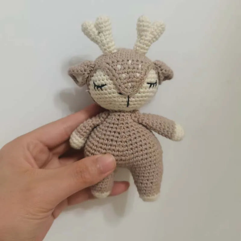 Handmade Baby Wooden Teether DIY Crochet Deer ELK Rattle Newborn Rodent Teething Ring Mobile Gym Educational Toys for Kids