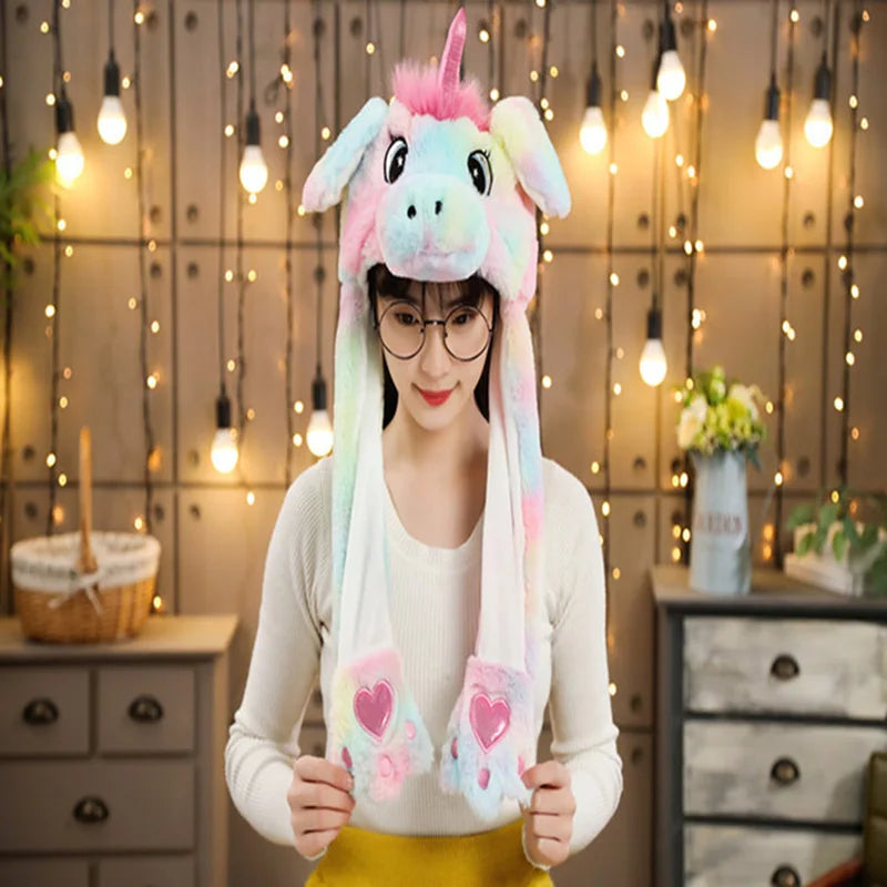 Cartoon Bunny Ear Move Hat Jumping up Toys Rabbit Girls Animal Plush Costume Cosplay Cap Kids Party for Adult Funny Anime Hat