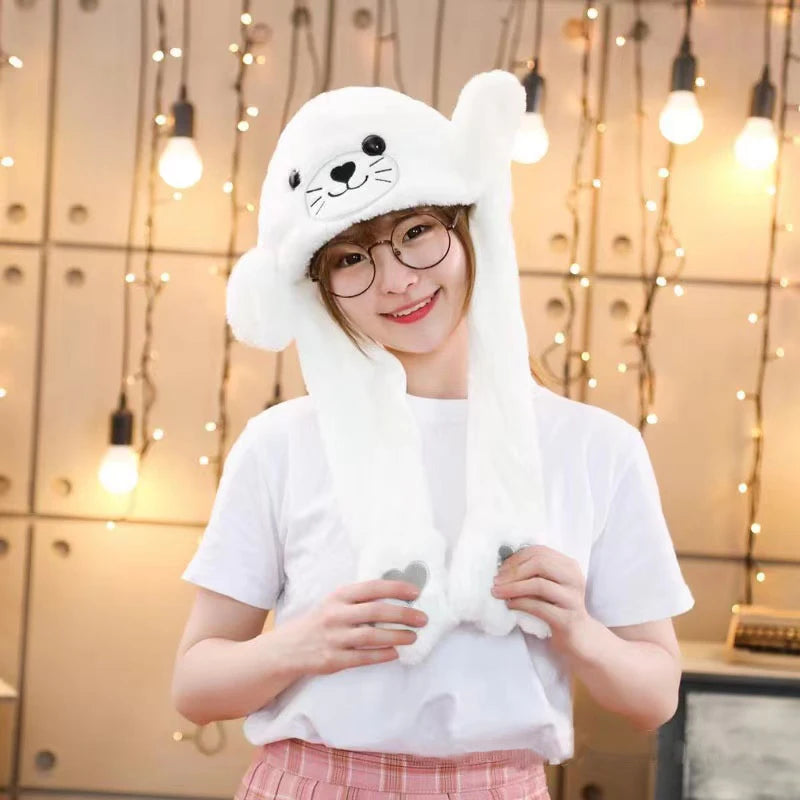 Cute Bunny Ear Moving Hat Animal Plush Hat Jumping up Moving Ears Pop Up Funny Cap Dress Up for Adult Kids Cosplay Party Hat