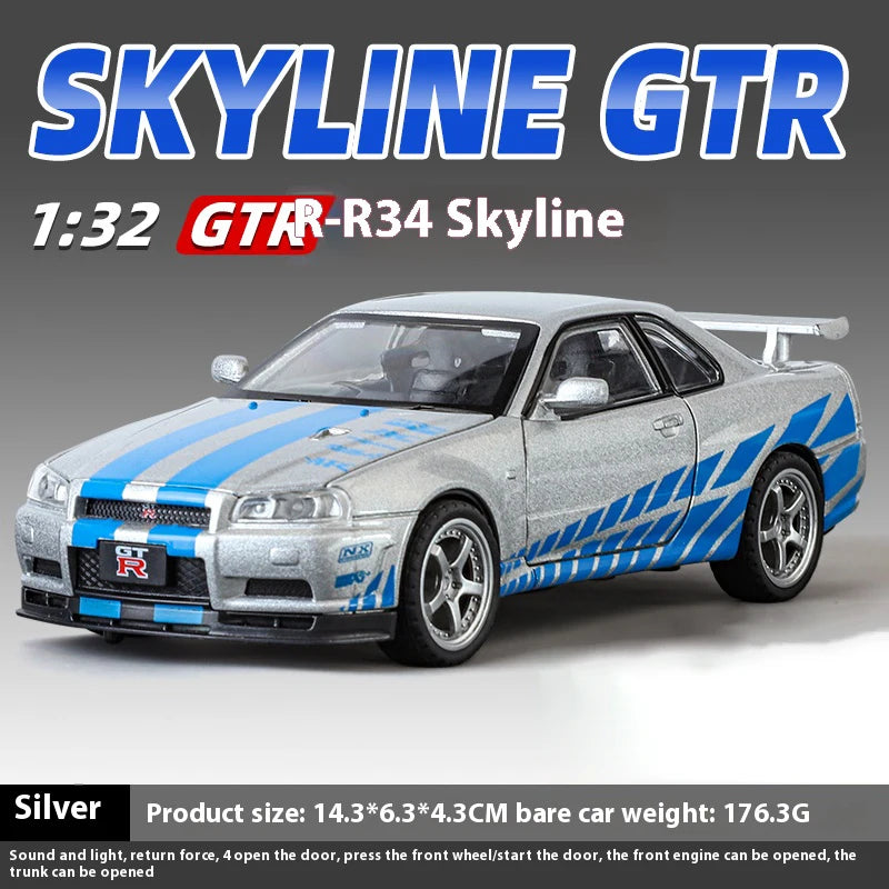 1:32 Nissan GTR R34 Skyline Supercar Alloy Metal Diecast Car Model Sound & Light Holiday Boyfriend Gift Collect Hobby Ornaments
