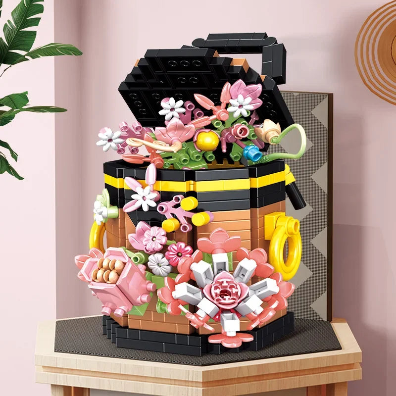 Bag flower basket Flower language girl pieced together assemble building blocks toy decoration model gift