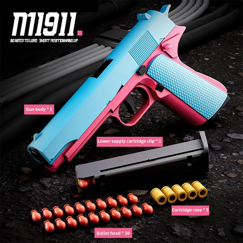 New.All Black M1911 Colt Toy Gunman Gun, Soft Bullet Shell, Catapult Blaster, Manual Air Gun Launcher, Boys Shooting Game 14+y