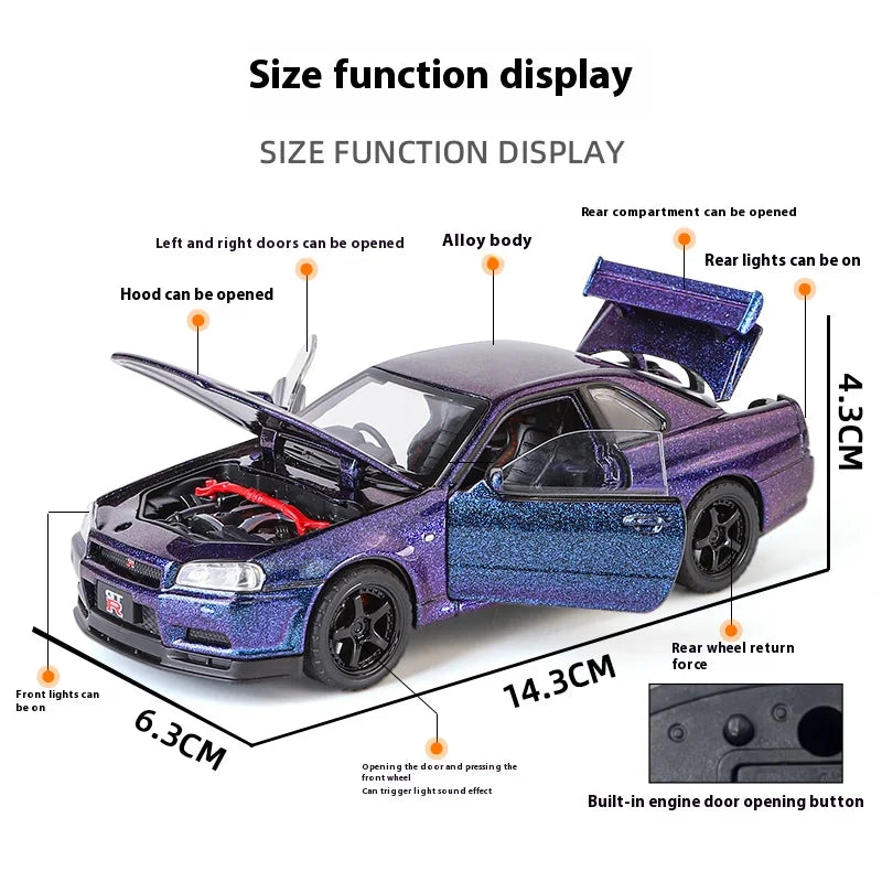 1:32 Nissan GTR R34 Skyline Supercar Alloy Metal Diecast Car Model Sound & Light Holiday Boyfriend Gift Collect Hobby Ornaments