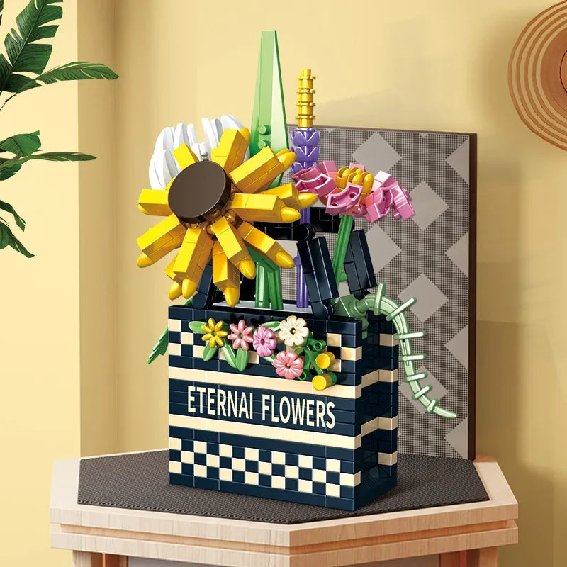 Bag flower basket Flower language girl pieced together assemble building blocks toy decoration model gift